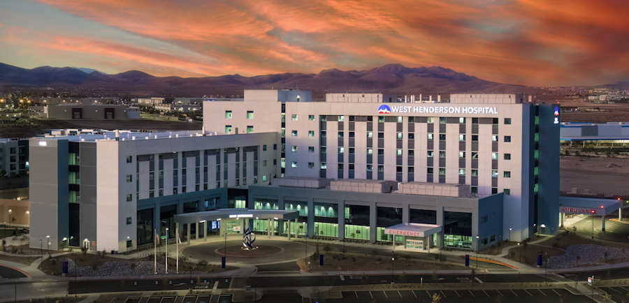 Aerial view of West Henderson Hospital at dusk