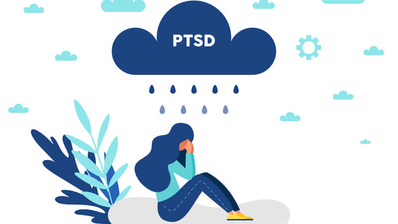 Animated image of a woman with a cloud labeled PTSD raining on her